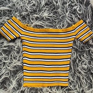 NWOT Yellow striped rubbed off the shoulder crop top